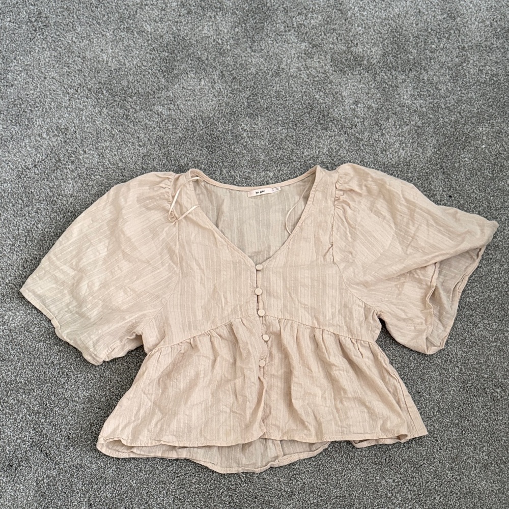 miami Beige Puff Sleeve Button Front Peplum Blouse